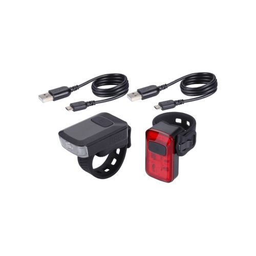 BBB Cycling kerékpáros lámpa szett BLS-153 SparkCombo 2.0, 45 és 10 lumen (első és hátsó), 4mód, micro USB tölthető 300 mAh akku, gumis felfogatással