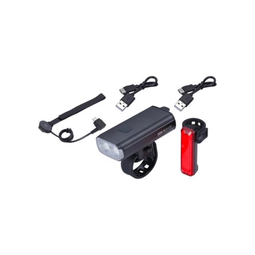 BBB Cycling kerékpáros lámpa szett BLS-175 StrikeDuo Combo, 1600 és 20 lumen, 7 és 5 mód, USB-C és micro USB tölthető 5200 és 300 mAh akku (első és hátsó), gumis felfogatással, távirányítóval