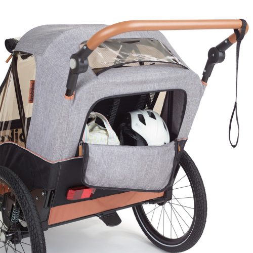 Bobike kerékpáros utánfutó max 2 gyermek szállítására, rugós lengéscsillapítás, 2 kerékpár adapterrel a csomagban, futó-babakocsiszettel, szürke/barna